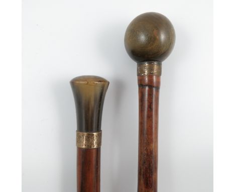 A Brigg of London walking stick, with horn ball finial and hallmarked silver collar, together with another walking stick with
