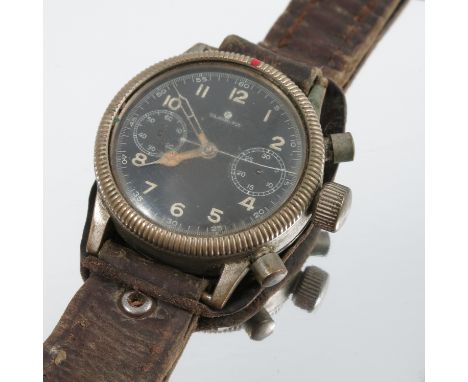 Glashutte Tutima, a rare German Luftwaffe pilot's chronograph wrist watch, manual wind, nickel plated case with steel screw b