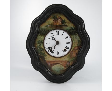 A 19th century French vineyard clock, the shaped oval dial painted with figures, buildings, bridge, trees and water, with mot
