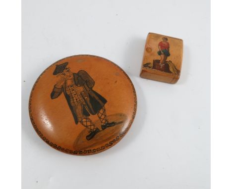 A 19th century circular snuff box, the lid decorated with a Scottish gentleman, diameter 3ins, together with another snuff bo