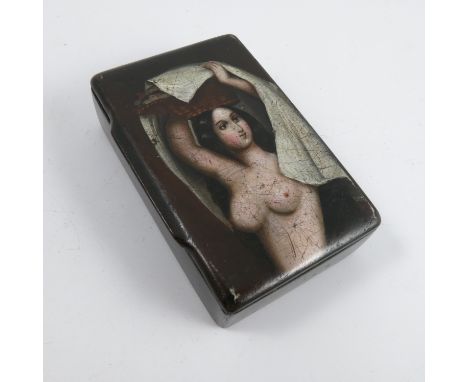 A 19th century black papier mache snuff box, of rectangular form, the lid painted with a nude of a girl carrying a basket of 