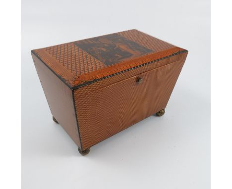 A 19th century tea caddy, of rectangular form, the top printed in the Mauchline style with a central court scene with figures