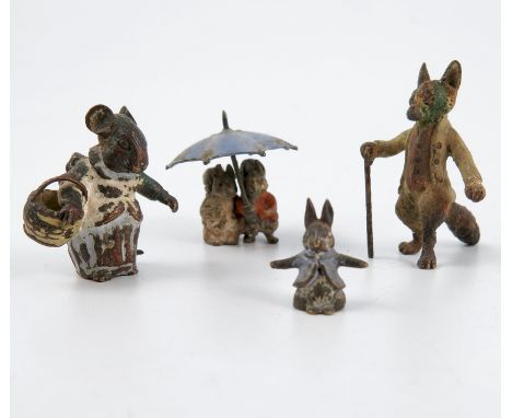 Five Beatrix Potter cold painted bronzes, Peter Rabbit, Foxy Whiskered Gentleman, Tabitha Twitchit, rabbit with basket and tw