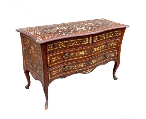 A continental commode, probably 18th century Italian/Milanese, of serpentine outline, fitted with two short drawers and two l