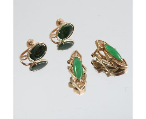 A pair of jade and diamond clip earrings, stamped '585', with a pair of jade earrings with screw fittings, 9.6g gross