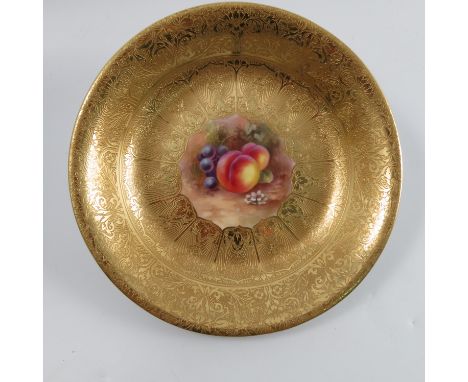 A Royal Worcester shallow bowl, with acid etched border, the centre decorated with fruit to a mossy background by H Price, di