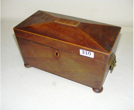 A sarcophagus shaped Victorian tea caddy , standing on four ball feet, with twin lion ring handles, opening to reveal two lid