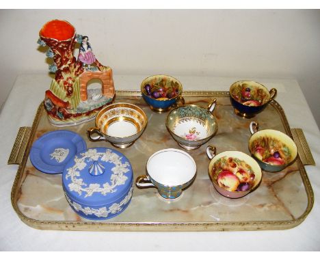 A quantity of Aynsley hand painted cups and saucers, some signed by D.Jones, Wedgwood jasperware & a Staffordshire flat back 