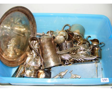 A box full of silver plated wares including an Elkington three piece tea set, peacocks, flatware etc.