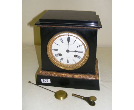 A marble mantle clock, the enamel dial with Roman numerals and insight movement signed McPranius Rasion & Boyer Successors? n