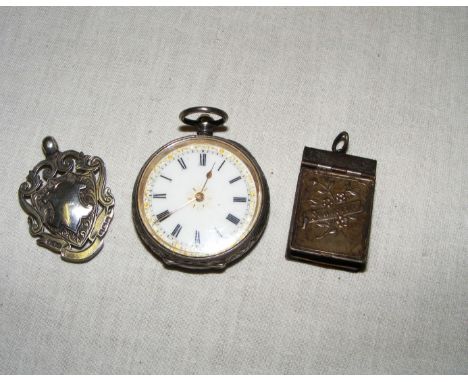 A silver fob watch with a jeweled enamel dial and chased case marked 935, a silver & yellow metal medal hallmarked for Birmin