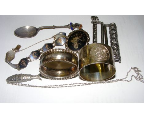 A selection of sterling silver & white metal items including a coronation 1937 enamel spoon, a Kennel Club napkin ring & one 