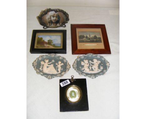 A portrait miniature, photograph, continental pottery plaques etc.