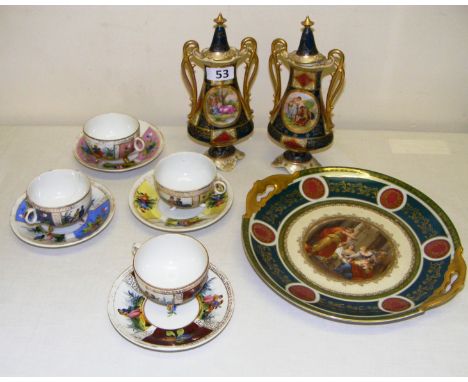 A pair of Vienna porcelain style vases & plate & four Dresden style cups and saucers.