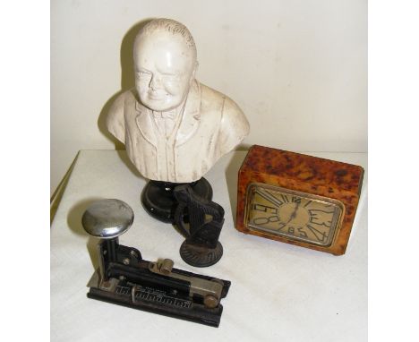 A mixed lot including a Winston Churchill bust, French DEP alarm clock, a bog oak carved Irish miniature harp.