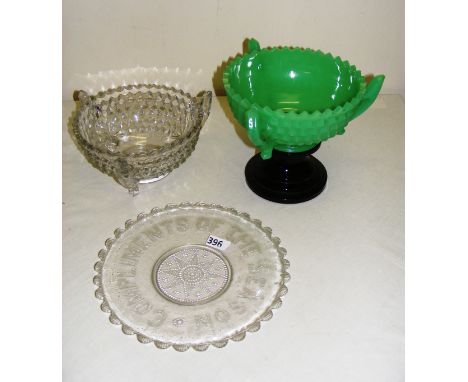Three items of decorative glass wares including a jade salad bowl and stand.