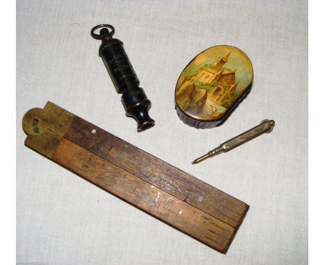 A paper mache snuff box, wooden & brass rule & miniature pen & "The Acme Boy Scouts" whistle.