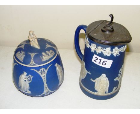 A Wedgwood jasperware lidded pot (AF) & a Dudson silver plated lidded jasperware jug.