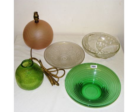 Various decorative glass including a satin glass lamp.