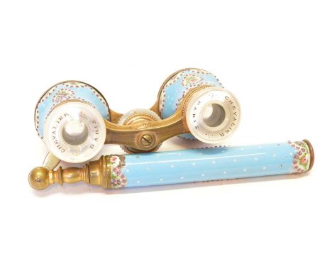 French Enamel Opera Glasses by Chevalier, Paris French enamel opera glasses with mother of pearl eye pieces signed 'Chevalier