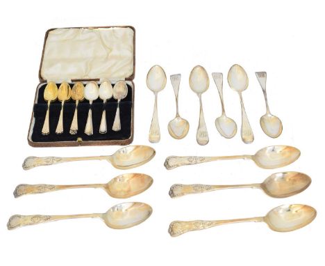 A selection of silver flatware, A selection of silver flatware, include a set of silver gilt enamel coffee spoons, six George