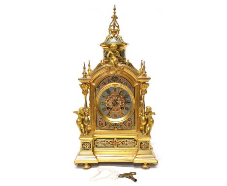 French Eight-Day Gilt Brass and Champleve Mantel Clock Late 19th Century French mantel clock, 8 day Japy Freres stamped movem