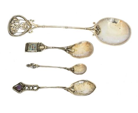 Four Arts &amp; Crafts white metal spoons, Four Arts &amp; Crafts white metal spoons, unmarked, with amethyst and enamel term