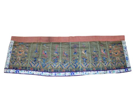 Chinese embroidered silk panel Early 20th Century Chinese embroidered silk panel or skirt, green ground with embroidered pane