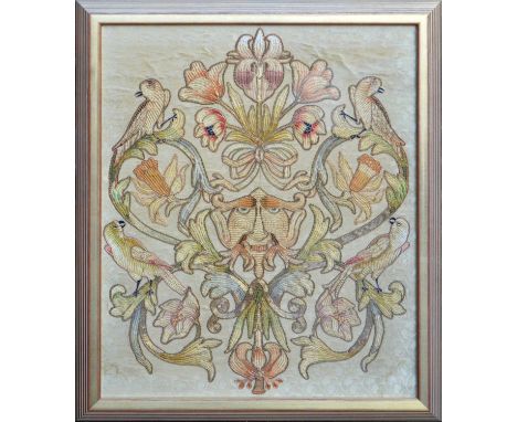 Green Man Needlework Silk panel needlework depicting 'The Green Man', surrounded by a symmetrical design of foliage, flowers 