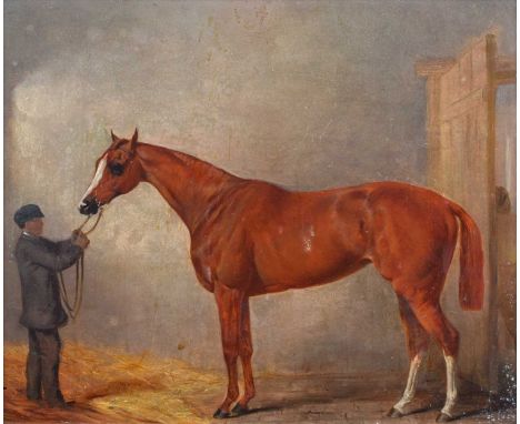 English School (19th century) Portrait of a standing chestnut horse and groom in a stable Unsigned, oil on canvas board.29cm 
