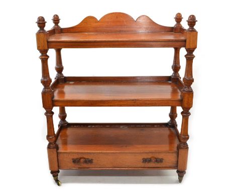 Victorian mahogany buffet Victorian mahogany three-shelf buffet, the rectangular shelves with shaped backboard supported on t
