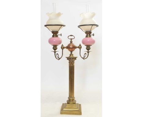 Victorian two-branch oil lamp, Victorian two-branch oil lamp, the pair of German made lamps with pink glass reservoirs and fr