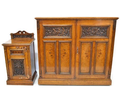 Victorian burr oak side cupboard Victorian burr oak side cupboard, rectangular top with matched quartered veneers, two doors,