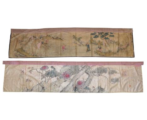 Two Chinese scroll paintings on silk Two Chinese scroll paintings on silk, one with lotus flower and tree illustration surrou