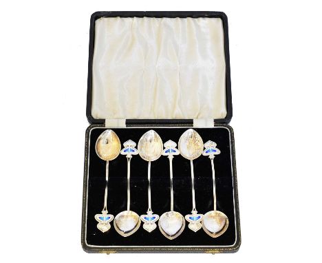 A set of six 'Liberty style' silver and enamel spoons, A set of six 'Liberty style' silver and enamel spoons, Lloyd, Paine &a