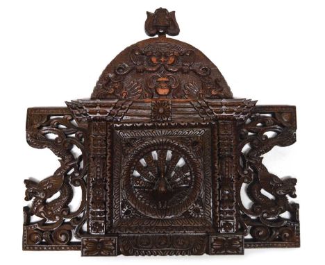 Decorative Carved Panel South East Asian, potentially Burmese hardwood wall panel with a central peacock figure flanked by tw