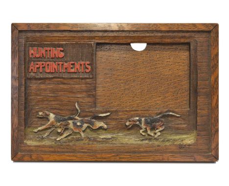 Hunting Appointments Card Holder Carved and painted wooden hunting appointments card holder, signed SJT lower right, with a d