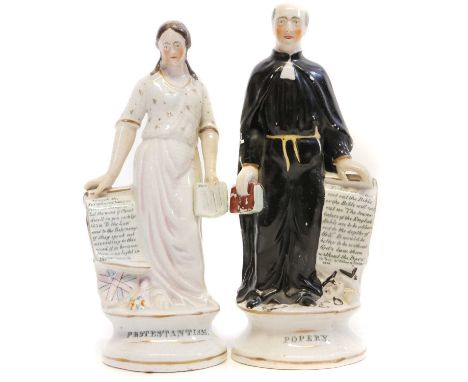 Pair of Staffordshire figures of Popery and Protestantism Pair of Staffordshire figures of Popery and Protestantism, modelled