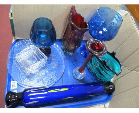 Millefoire Blue Glass Rolling Pin, 43cm long, streaked glass purse vase, Czech vase on six pointed base, Kosta Boda plate, et