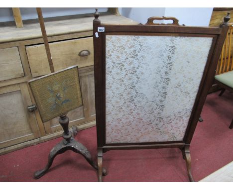 An Early XX Century Mahogany Fire Screen, glass panel, with lace, floral decoration on splayed supports, pad feet 70cm, toget