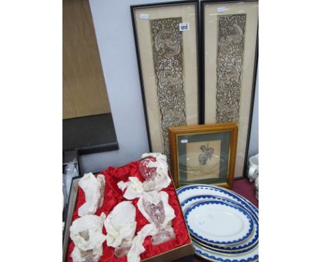 A Pair of Embroidered Panels, (panels 10 x 59cm, 20 x 72cm frame; both have staining to top third); Plus a framed print of a 
