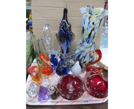 A Mottled Glass Fish 35.5cm High, vase, Whitefriers ruby glass bowls on cruciform bases, other glassware:- One Tray.