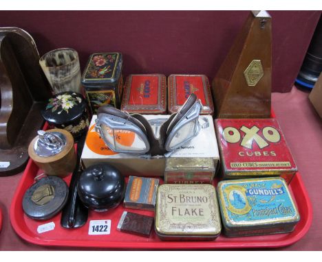 Maelzel Metronome, Stadium Mack 8 goggles, horn beaker, Rabone steel tape measure, tins, etc:- One Tray.