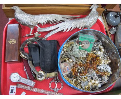 A Silver Bracelet, costume jewellery, model pheasants, watches, pocket knives, bosun's whistle, etc:- One Tray.