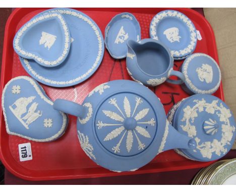 Wedgwood Powder Blue Jasper Ware Pottery, to include teapot, trinket boxes, ashtrays, etc.