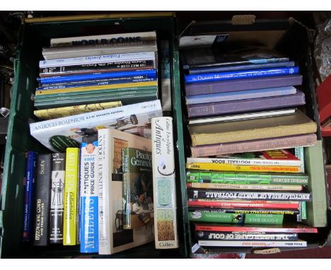 Collins Encyclopedia of Antiques, Millers Guides, together with a box of sporting books, Shoot Annual, Football Champions, an
