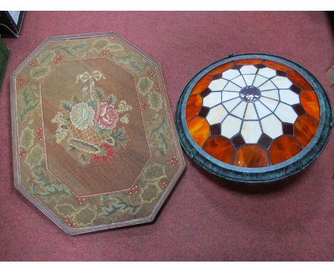 Tiffany Style Light Shade, 34.5cm diameter. a XIX Century needlework floral panel. (2)