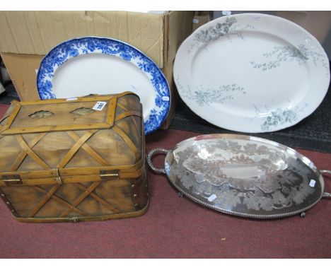 A Brass Ceiling Oil Lamp, with opaque shade, box, Viners tray, two oval meat plates.
