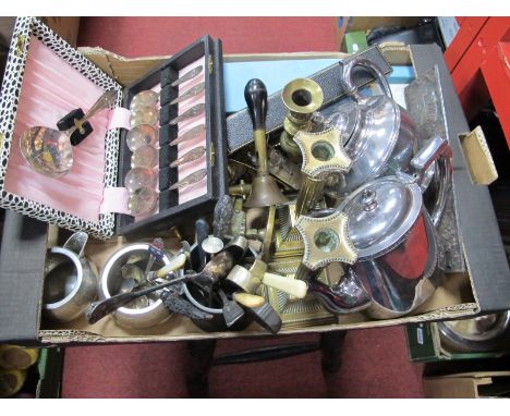 Brass Candlesticks, model cannon, pocket balance, cutlery, plated teapots, door finger plates, etc:- One Box.