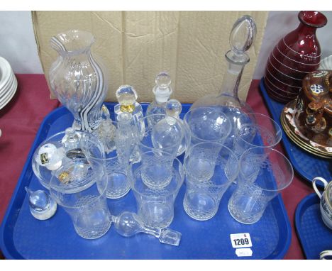 Scent Bottles, a set of six early XX Century glass tumblers, decanter etc, Caithness vase etc:- One Tray.